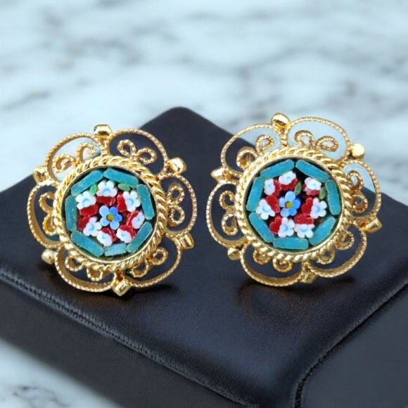 Vintage Jewelry - Vintage Eccentric Italian micromosaic earrings